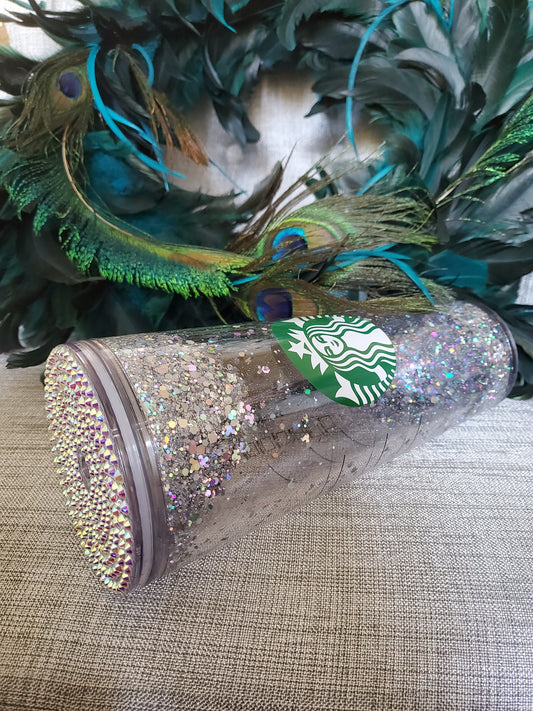 Snow Globe Double Wall Glitter Tumbler With Rhinestone Lid