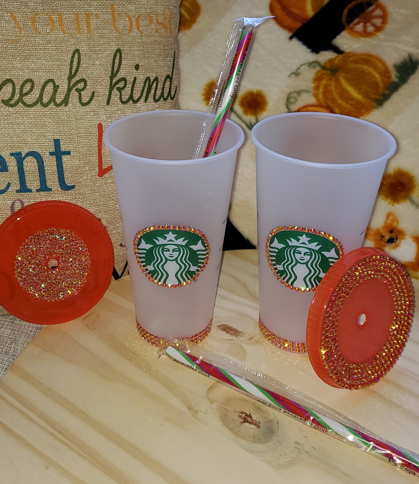 Pumpkin Venti Cold Cup Tumbler With Rhinestones, Lid, Reusable Straw