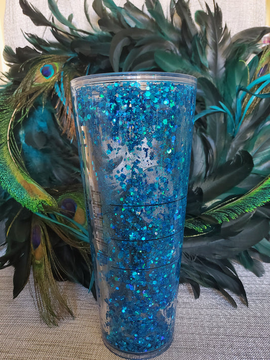 Peacock Blue Snow Globe Double Wall Glitter Tumbler With Rhinestone Lid